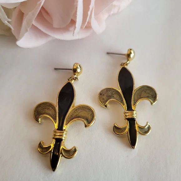 Fleur De Lis Drop Earrings Black Gold Enamel Mardi Gras Saints Fan Jewelry 2" - Picture 4 of 11